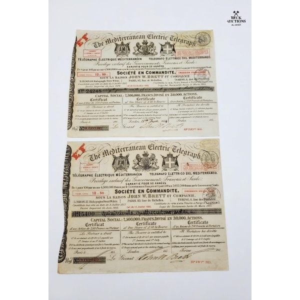 Authentic Stock Certificates For The Mediterranean Electric Telegraph Company Issued In The 1850s.