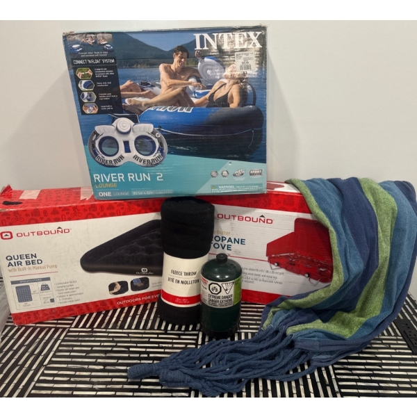 New INTEX River Run Double Occupant Raft Queen Air Bed Propane Grill Hammock & More