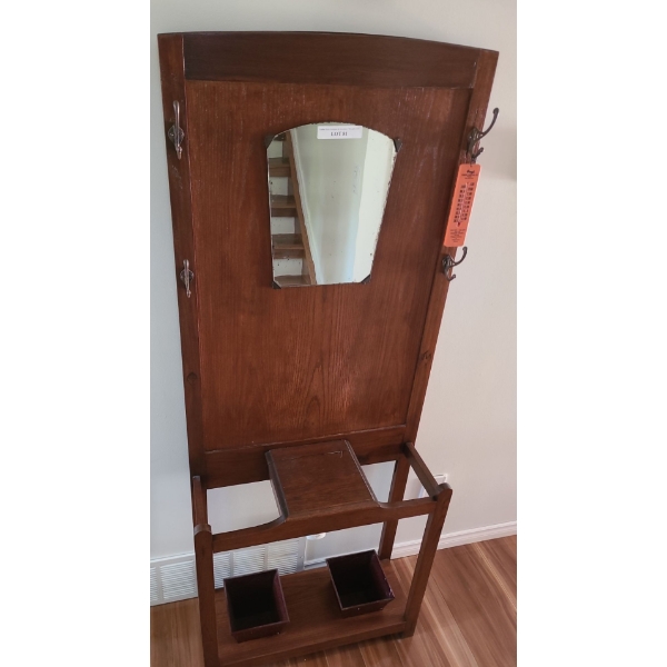 Vintage Wooden Hall Tree with Mirror and Umbrella Stand  29 w 11 d 71 h