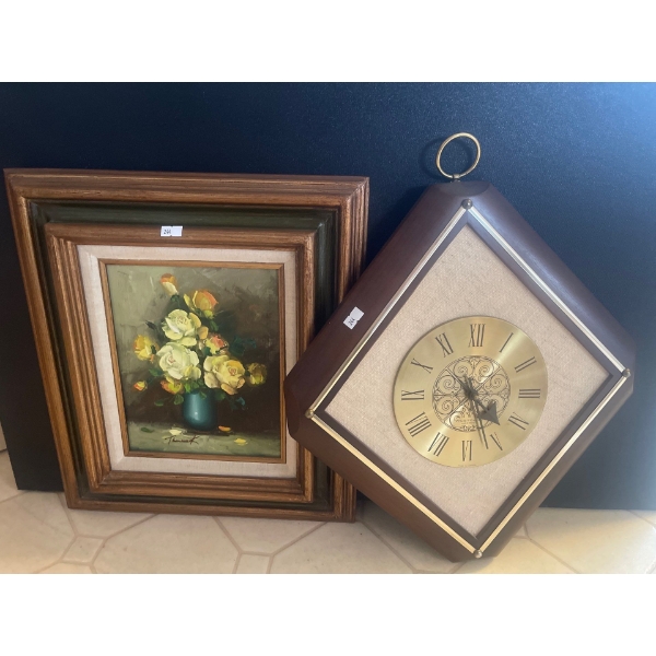 Vintage Diamond Shaped Wall Clock w/ OIl on Board Floral Art 15x17