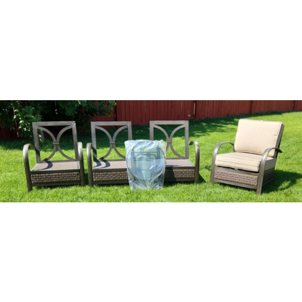 Four Metal Patio Chairs 28 W, 28 D, 32 T w/ Four Cushions, Side Table 20" Diameter Top, 24 T 