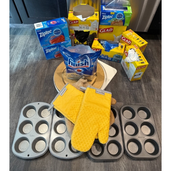 Kitchen-Aid Cook Gloves, Lazy Susan Finish Dishwasher Tabs, Glad Garbage Bags & More