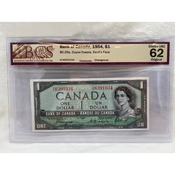 Graded Canadian 1954 Devil's Face $1 Choice UNC Prefix: H/A