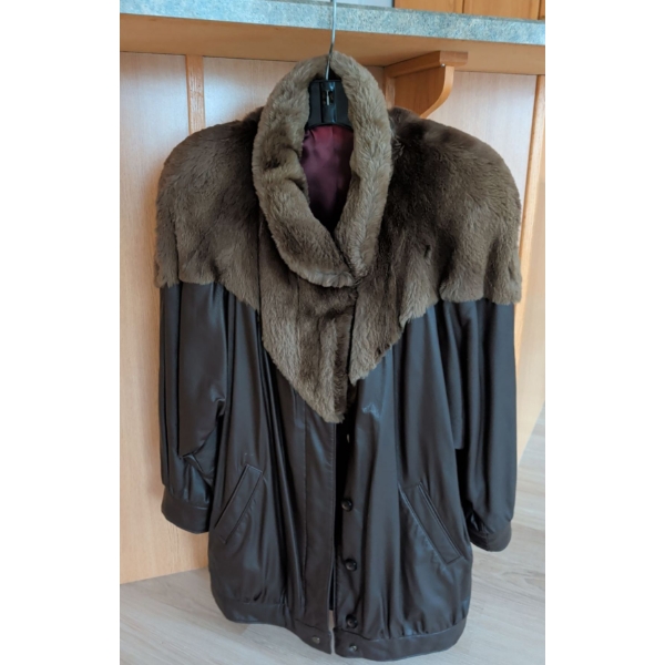 Half Leather Half Fur Jacket with Shoulder Pads, Size Medium-Fur Unknown