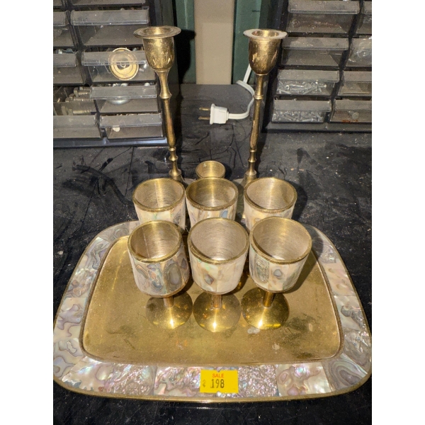 Brass & Abalone Shooter Set - Includes Tray & Candle Holders 