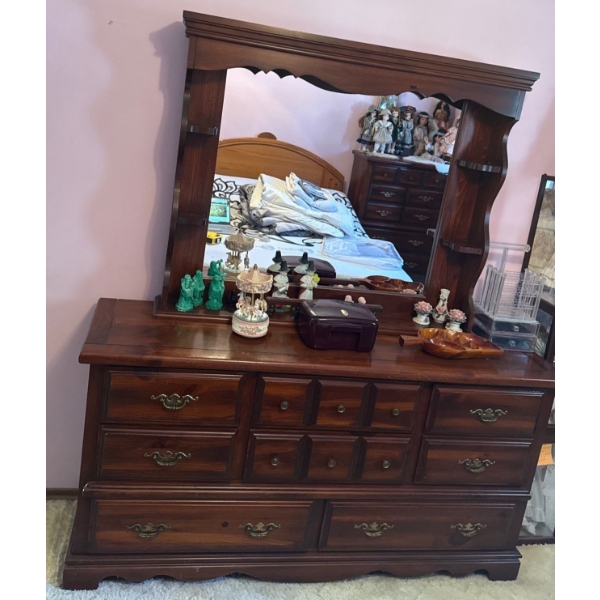 Large Wooden Dresser w/ Large Attached Mirror, Contents NOT Included - 63W, 18D, 72T 
