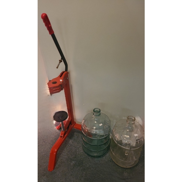 Wine Making Supplies: 2 Glass Jugs and Corker