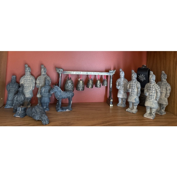 Chinese Warrior Figures Incl. Chinese Metal Bells, and Antique Look Oriental Cow Bell 
