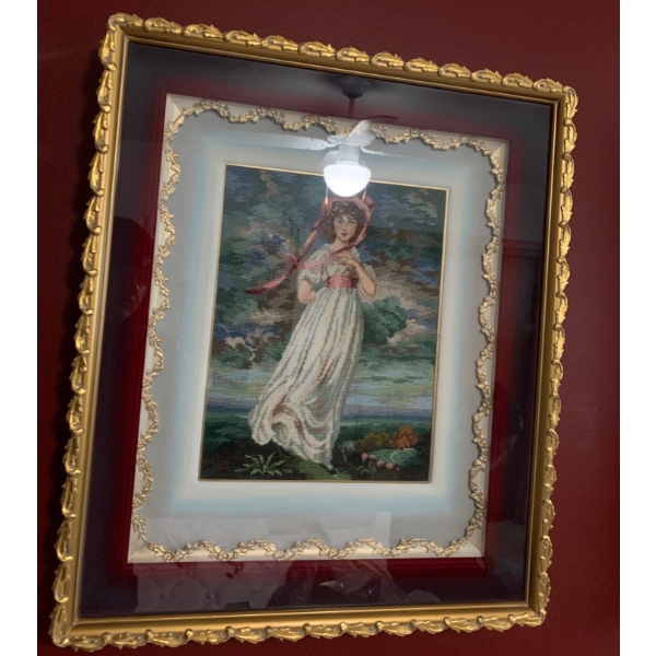 Thomas Gainsborough Meticulously Stitched Needlepoint Pinkie Art w/ Gold Beveled Frame 18x23