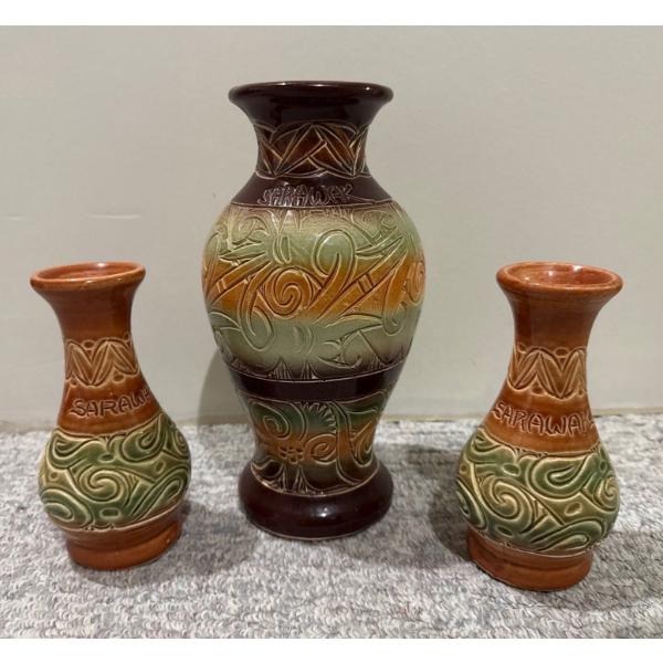 Hand Carved & Painted Decorative Vase Trio By Sarawak, Largest 10T 