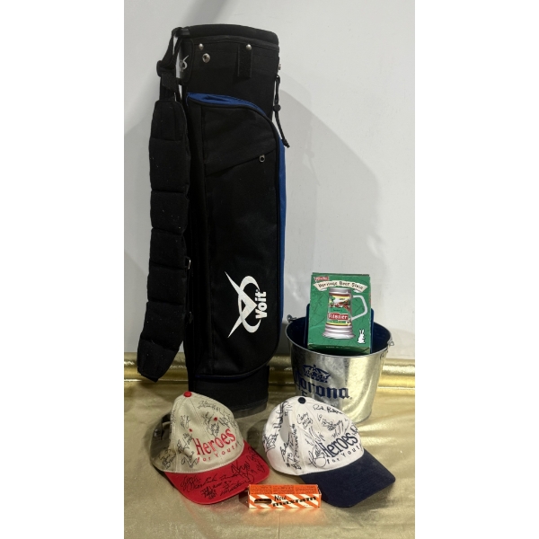Voit Golf Bag, Corona Extra Bucket, Signed 'Heroes for Youth' Caps, and Pilsner Heritage Beer Stein