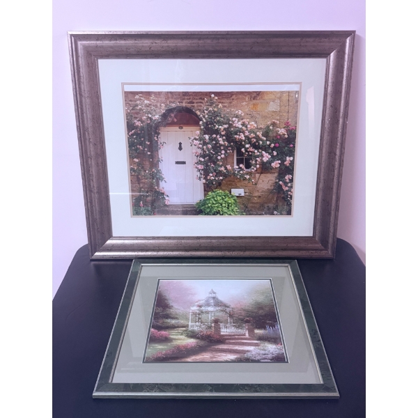 Two Framed Art Prints: Floral Cottage Scene and Garden Gazebo