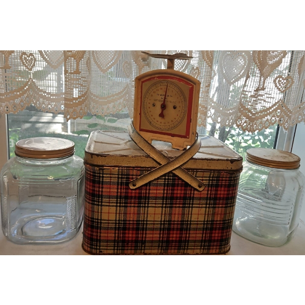 Glass Storage Jars, Vintage Tin and Kitchen Scale Lot