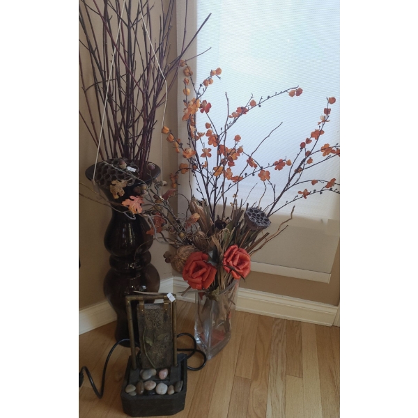 Glass Vases- Tallest: 25.5 T, Tabletop Fountain 7.5 W, 6 D, 16 T, Metal Vase 24 T, Faux Greenery