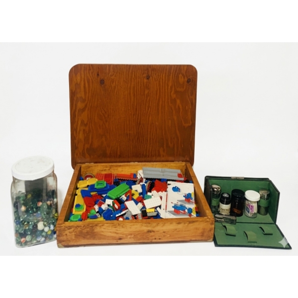 Wooden Box With Vintage Lego Blocks, Vintage Marble Jar, and Collectible Shaving Set