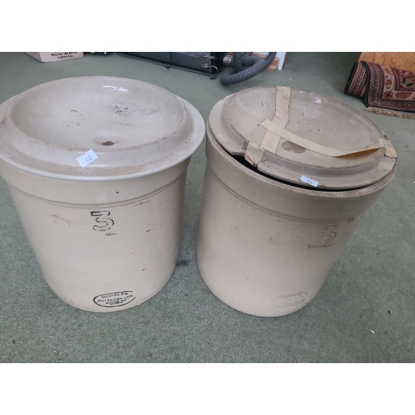 Medalta Antique Crocks, Set of 2 , 1 Damaged on Lid 13 T, 12 Diameter