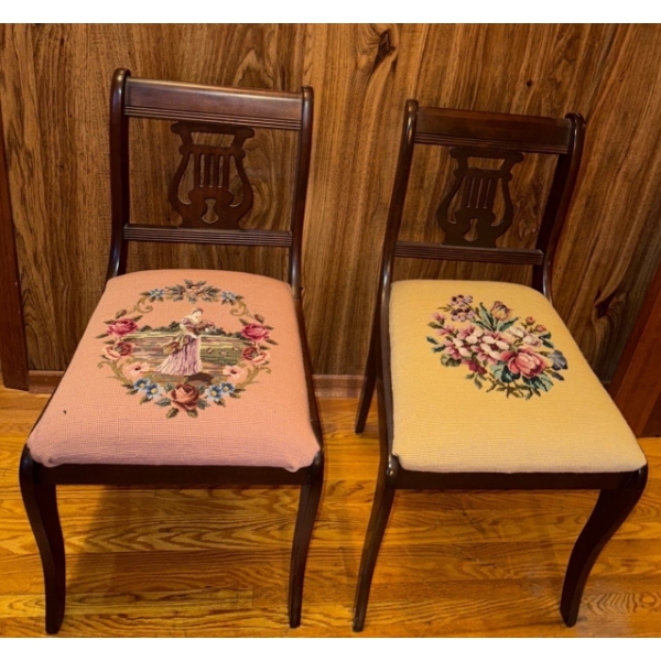 Two Antique Wooden & Embroidered Dining Chairs  18" x 18" x32"tall
