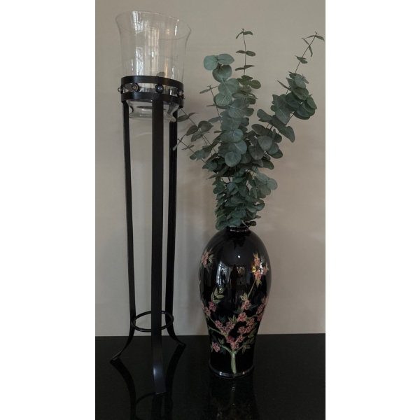 Black Decorative Floral Ornate Vase & Black Metal Floor Candle Holder for Pillar Or Taper Can