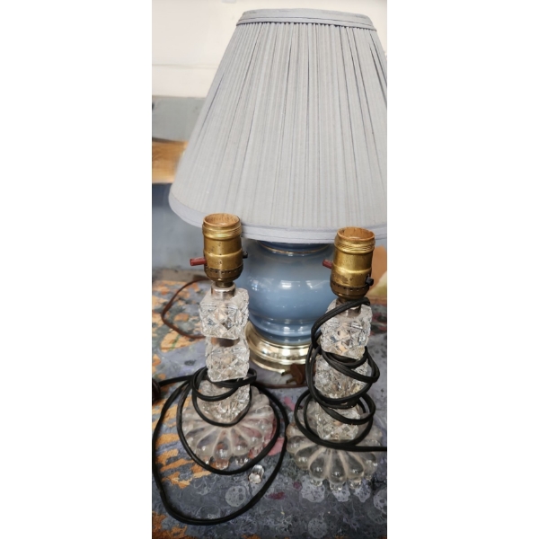 Pair of Crystal Lamps 9.5 T (One Has Broken Base as Shown in Pictures), Blue Ceramic Lamp 15.5 T 
