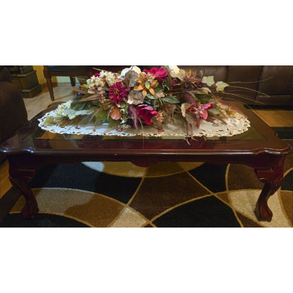 Wooden and Glass Coffee Table w/ Decorative Flowers - 48W, 25D, 16T