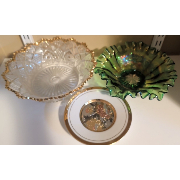 Collectible Green Carnival Glass Bowl w/ Antique Gold Rimmed Pressed Crystal Bowl & more