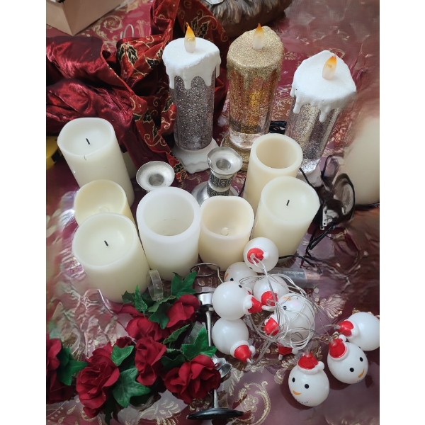 Home Decor Includes: Faux Candles, Light Up Table Runner, Snowman Lights