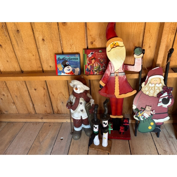Group Of Santa Statues & SnowMen along With Kids Christmas Books 
