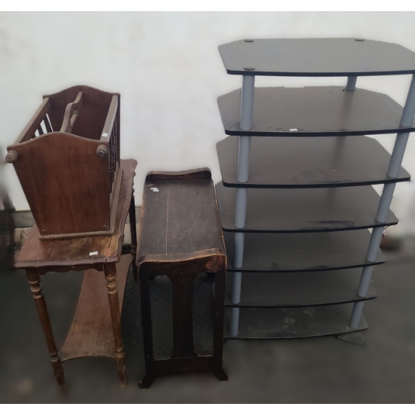 Magazine Rack, Tables: 23 W, 11.5 D, 24 T and 21 W, 11 D, 23 T, Shelving 24 W, 16 D, 43.5 T