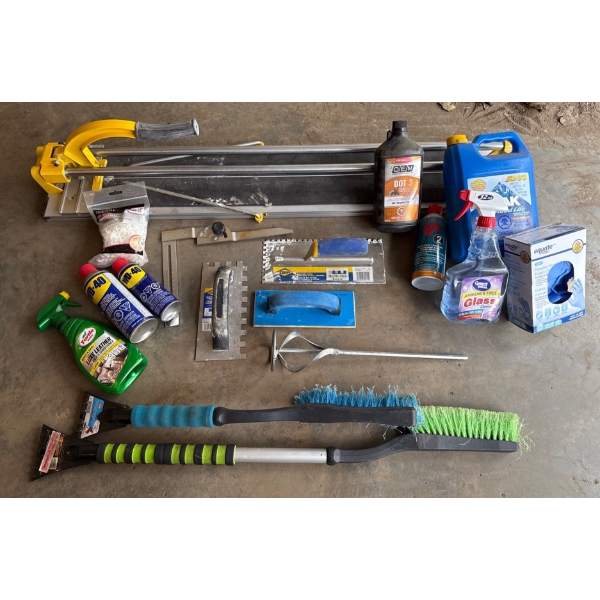 Garage Essentials - Tile Cutter Trowels WD40 Auto Brushes Fluids & More