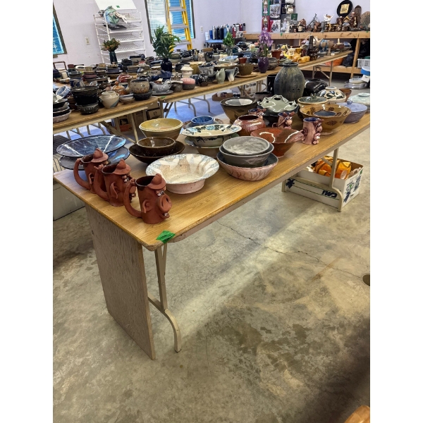  three tables wood tops metal legs foldable length 6 feet width 2‘6“ height 2 foot five