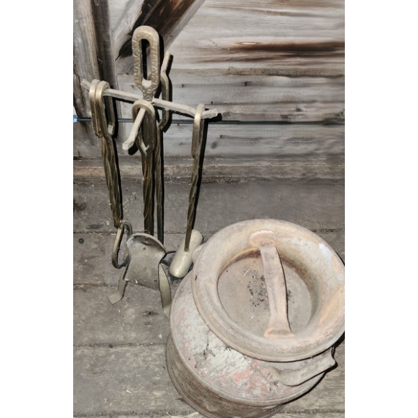 - Vintage Fireplace Tools and Antique Metal Milk Can 11" Diameter Top, 17 T
