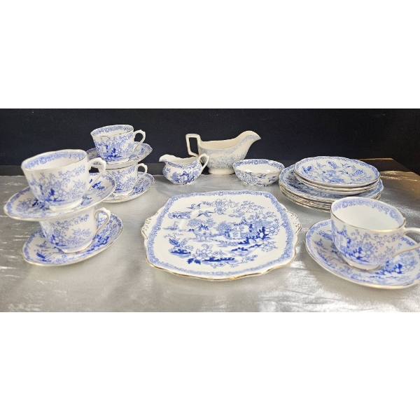 Royal Albert Crown China Blue and White Tea Set with Gilded Edges, 22 Pieces