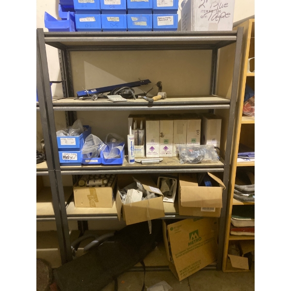 Metal Storage Shelf with Assorted Parts and Tools Collection