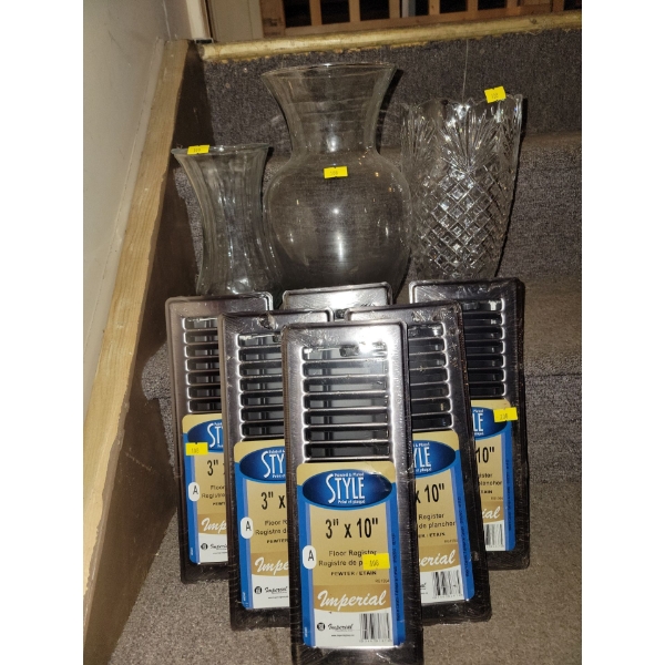 6 NEW Metal 3x10 Floor Regsters w/ Vase Trio