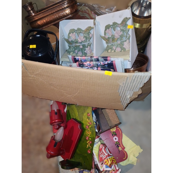 Red Painted Wood Rack 13 x 7, Plastic Barrels 5.5 " D 8 T, Bird Mantle Hooks, Copper Decor and More!