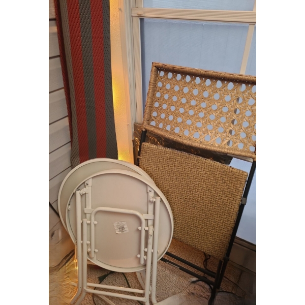 Folding White Metal Side Tables, Folding Wicker Chair and Outdoor Carpet 103 L, 71 W