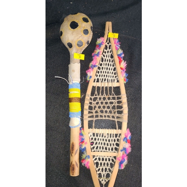 Decorative Snowshoe 14 W, and Indigenous Beaded/ Painted Wood Artifact/ Art 