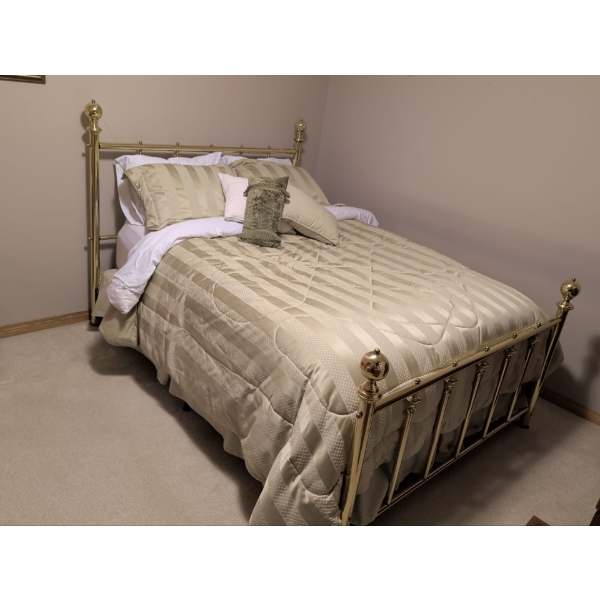 Brass Bed Frame with Mattress and Bedding
