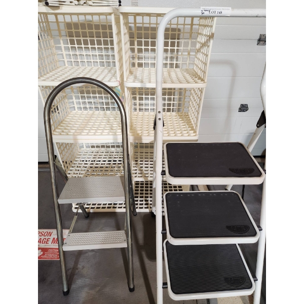 Two Folding Step Stools: LITE Brand Three-Step Stool and Two-Step Metal Stool, Cubby Storage Crates