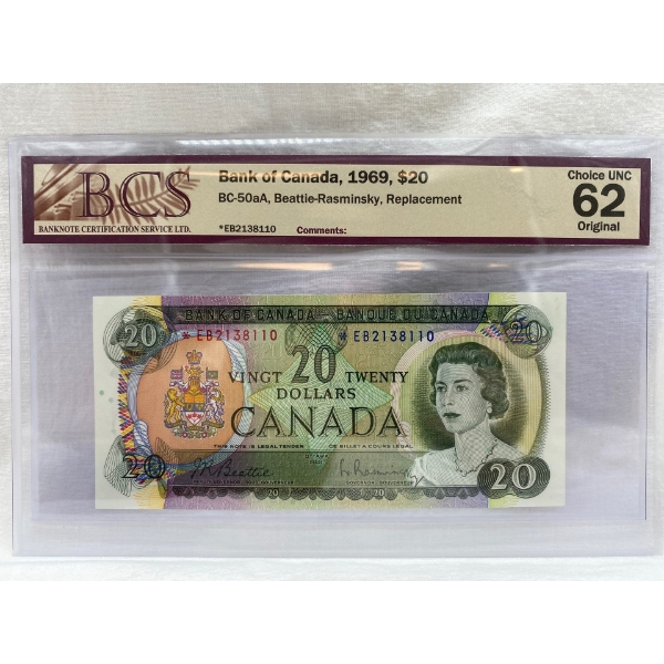 Graded Canadian 1969 $20 Choice UNC Prefix: *EB