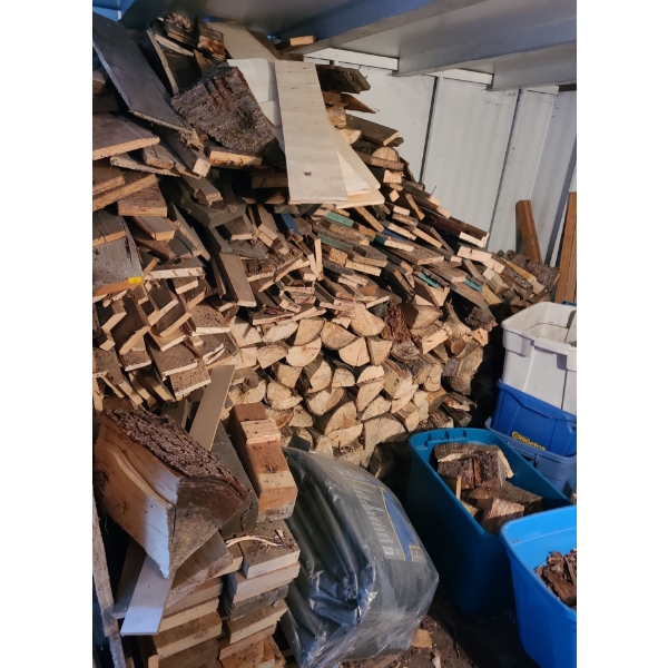 Huge Selection of Assorted Wood/ Firewood as Pictured, Utility Buckets, Gas Cans, Tarp