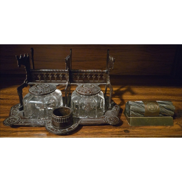 Antique Authentic San Francisco Cable Car Cable on Stand & Antique Ink Well Plus Pen Rest 