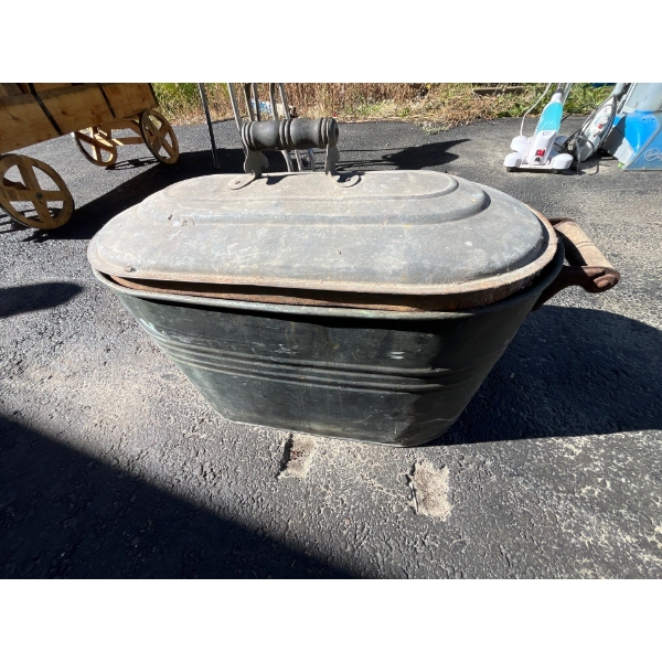  Antique canner with lid and wire base inside 24” length 13” tall 13” wide