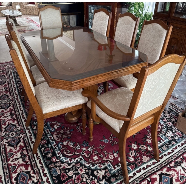 Eight Chaired Stunning Wood & Upholstered Dining Table w/ Plastic Custom Made Cover  65"w x 41"d x 3