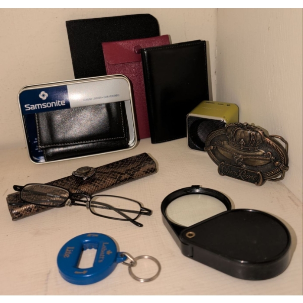 Glove Box Goodies - New Genuine Leather Samsonite Wallet Rodeo Belt Buckle Magnification Device 