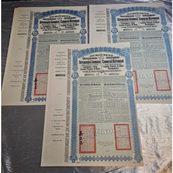 3 Vintage 1913 Chinese Republic Lung-Tsing-U-Haï Railway Gold Bonds.