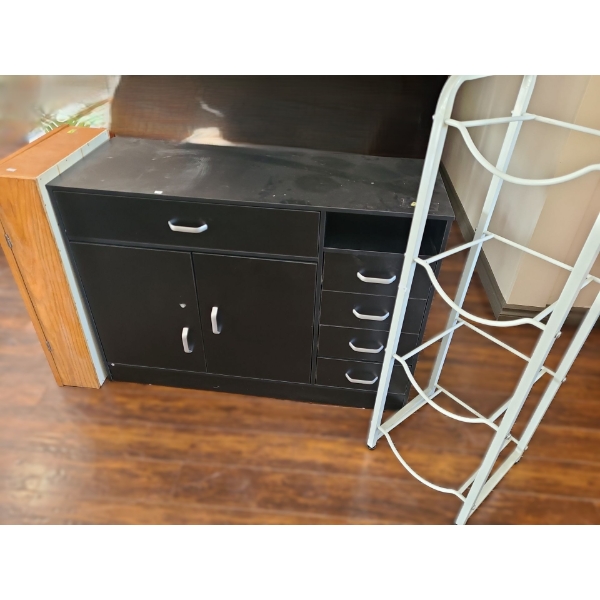 Wall Cabinet 17 W, 6 D, 31 T, MDF Stand (Loose) 41.5 W, 16 D, 29, Metal Stand 13.5 W, 13 D, 43 T