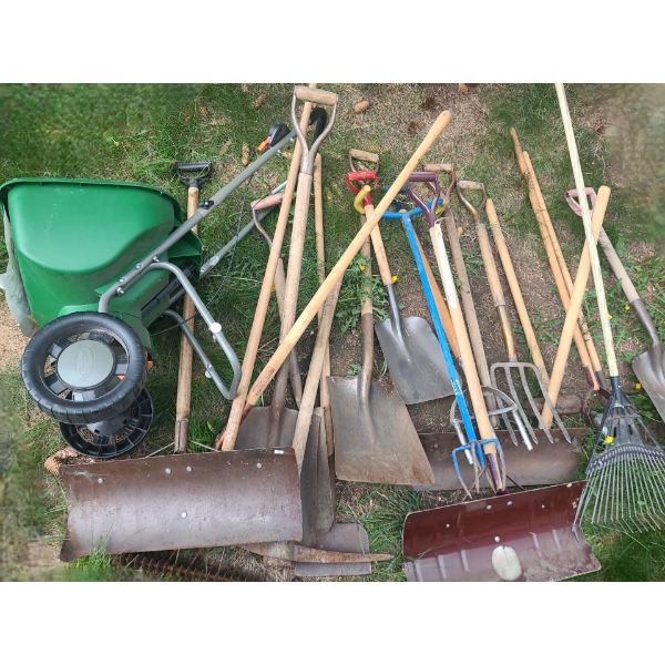 Fertilizer Spreader, Shovels and Various Yard Tools