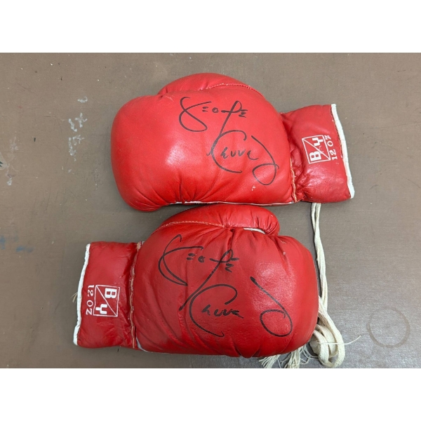 Red 12oz Boxing Gloves with Lace-Up Design Signed by George Chuvalo