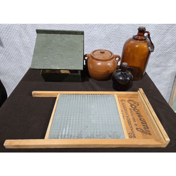 Economy Canadian Woodenware Co. Wash Board, 2 Brown Glass Jugs, Lidded Crock + Bird House
